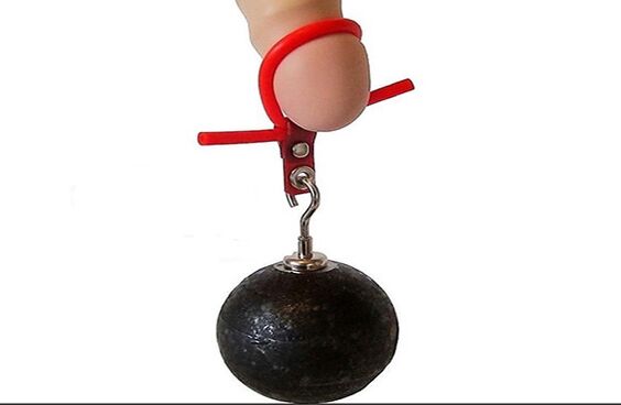 Suspension of weight on the penis to increase its length